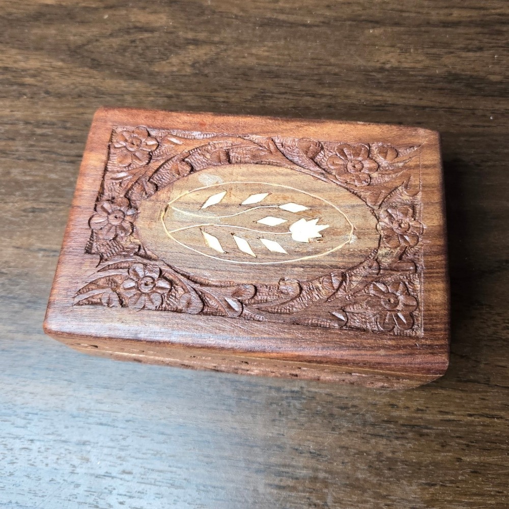 Wooden Hand Carved Mother of Pearl Inlay Trinket Box - Lined - India